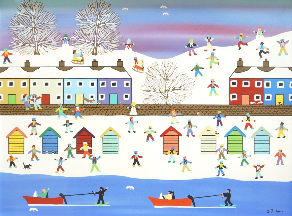 Gordon Barker (b.1960), 'At the Beach on a Snowy Day', signed, acrylic, 29 x 39cm